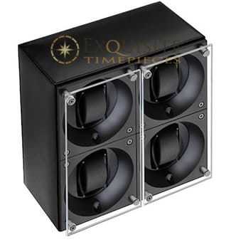 Swiss Kubik Watch Winder Quadruple Black Calf Leather With White Stitching Window Protect