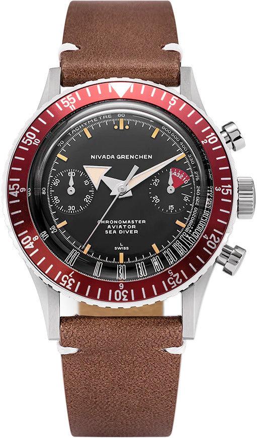 Nivada Grenchen 86031M14 Chronomaster Aviator Seadiver Black Dial Burgundy Bezel