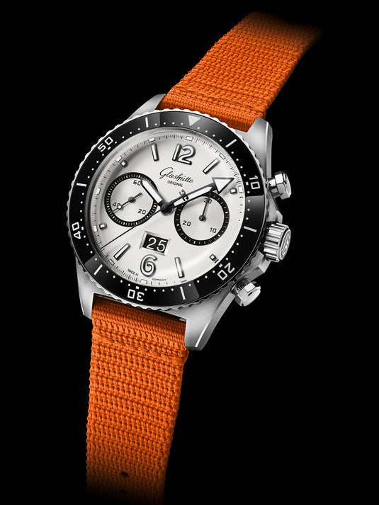 Glashütte Original SeaQ Chronograph "Panda" on Orange Canvas Strap 1-37-23-03-80-34