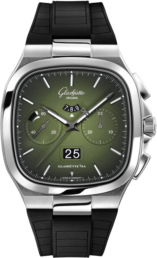Glashütte Original Seventies Chronograph Panorama Date Fab Green on Rubber Strap