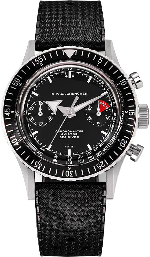 Nivada Grenchen Chronomaster Aviator Sea Diver Black Broad Arrow Dial on Rubber Strap