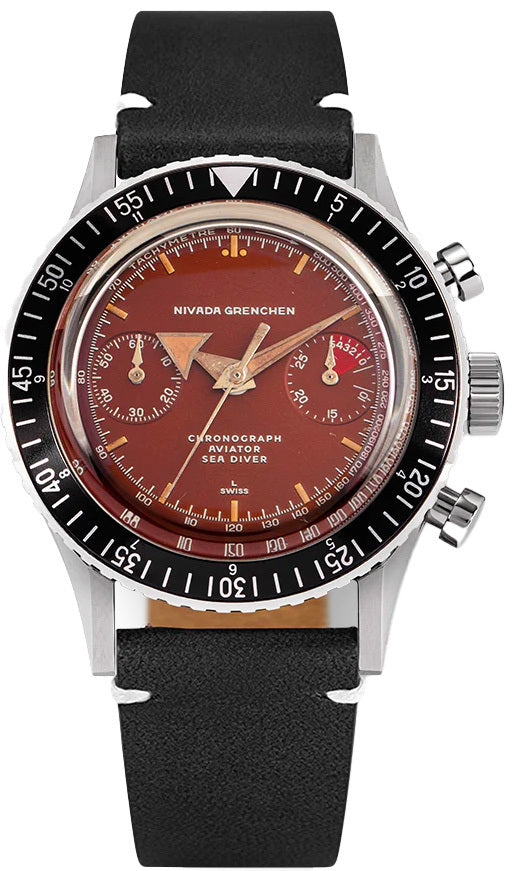 Nivada Grenchen Broad Arrow Tropical Dial Manual on Black Leather Strap