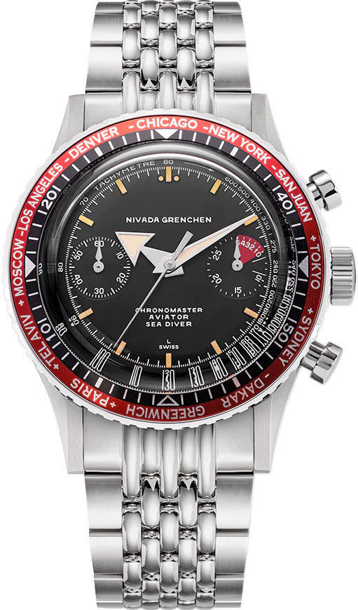 Nivada Grenchen 86033M04 Chronomaster Aviator Seadiver Black Dial Red Bezel