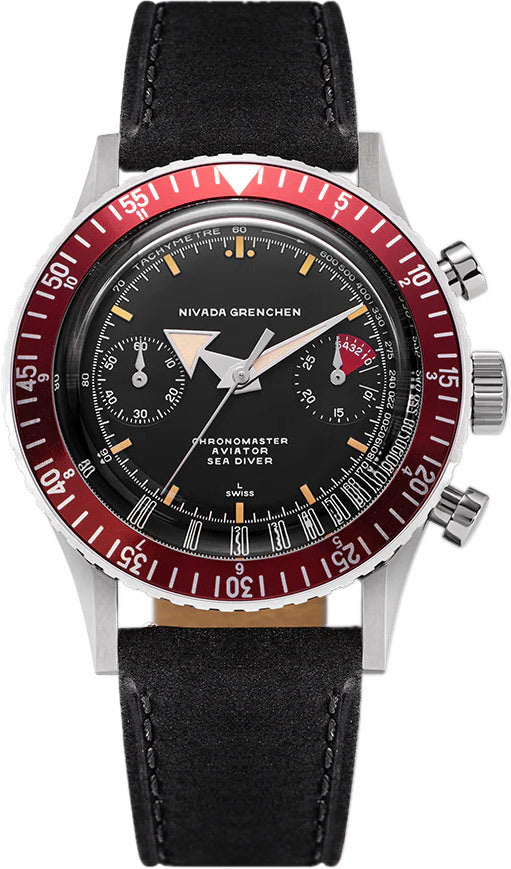 Nivada Grenchen 86031M17 Chronomaster Aviator Seadiver Black Dial Burgundy Bezel