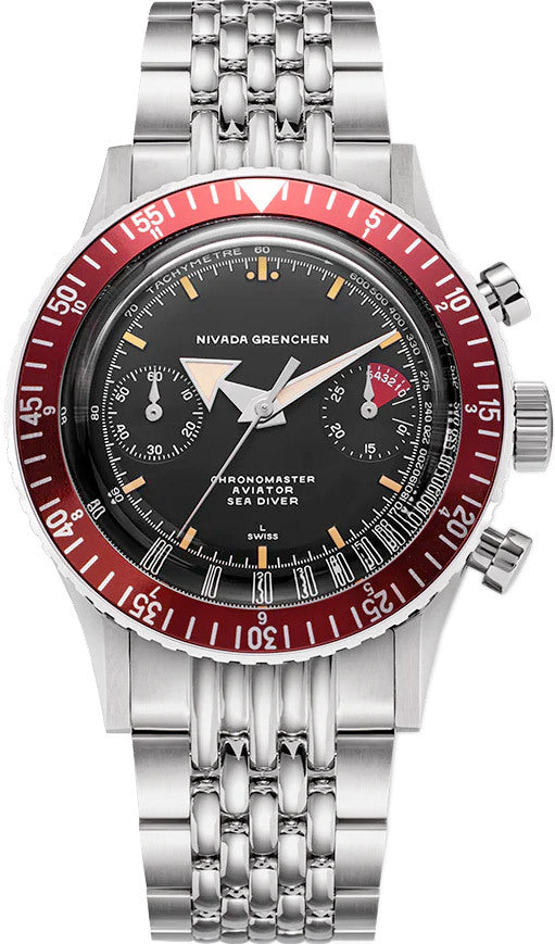 Nivada Grenchen 86031M04 Chronomaster Aviator Seadiver Black Dial Burgundy Bezel