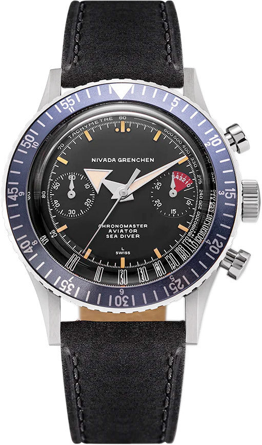 Nivada Grenchen 86032M17 Chronomaster Aviator Seadiver Black Dial Blue Bezel
