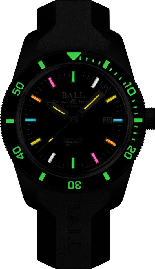 Ball DD3208B-P2C-BKR Engineer II M Skindiver Heritage Black on Strap Rainbow Tubes
