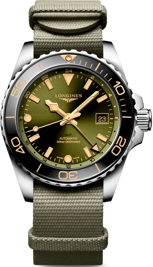 Longines Hydroconquest L3.790.4.06.2 GMT Sunray Green Dial on NATO Strap