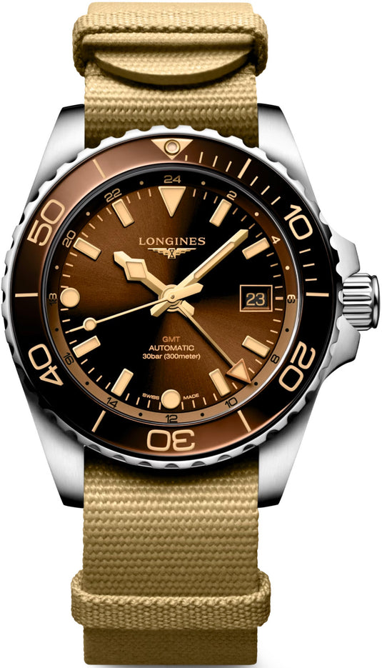 Longines Hydroconquest L3.790.4.66.2 GMT Sunray Brown Dial on NATO Strap