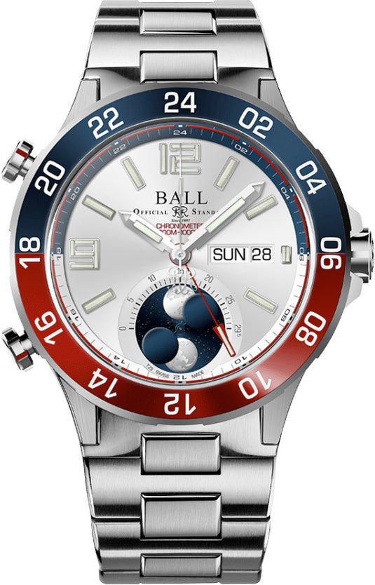 Ball DG3220A-S1CJ-SL Roadmaster Marine GMT Moon Phase Silver Dial 42mm