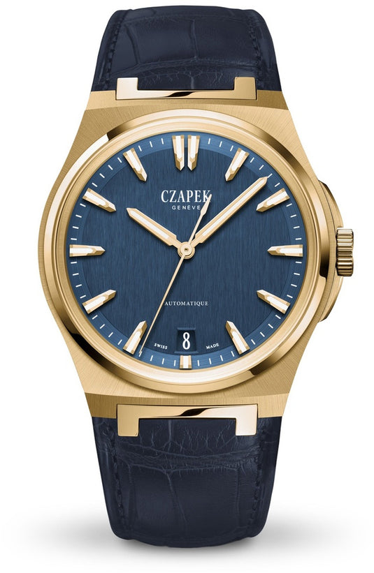 Czapek Antarctique Mount Erebus Deep Blue Yellow Gold on Leather Strap